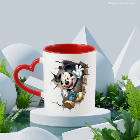 Cana Cu Mickey Mouse, Personaj, Disney, Zid, Iubitori De Desene Animate, Multicolor 330 ml, Ceramica cu Maner Inima Rosie [2]