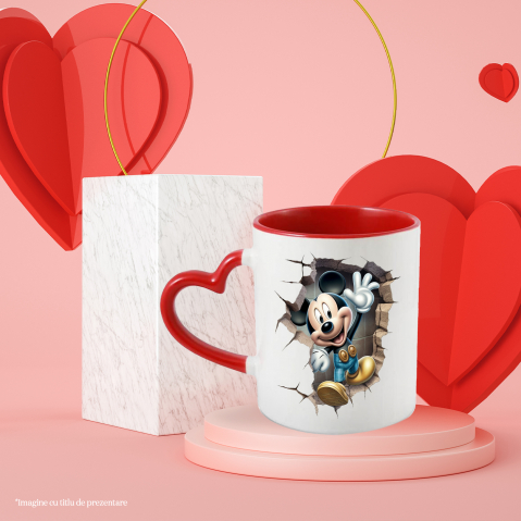 Cana Cu Mickey Mouse, Personaj, Disney, Zid, Iubitori De Desene Animate, Multicolor 330 ml, Ceramica cu Maner Inima Rosie [1]