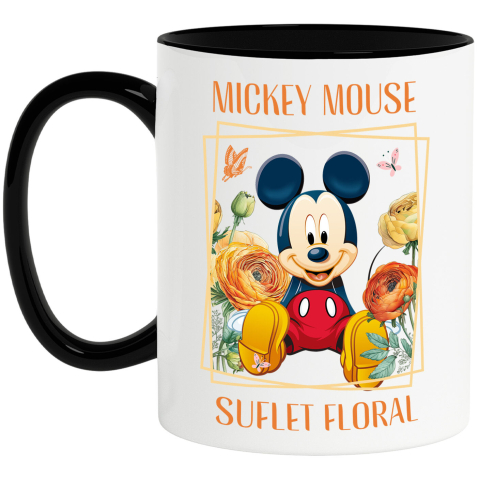 Flori - Cana Cu Mickey Mouse Printre Flori si Culori Ceramica, 330ML, cu Maner Negru