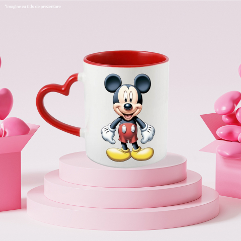 Cana Cu Mickey Mouse Vesel, Disney, Desene Animate, Copii, Disneyland,Ceramica, 330ml, cu Maner Inima Rosie [1]