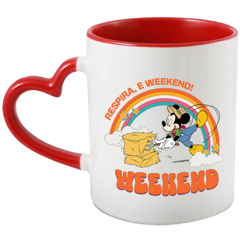 Desene Animate - Cana Cu Mickey se joaca si munceste la ferma Ceramica, 330ML, cu Maner Inima Rosie