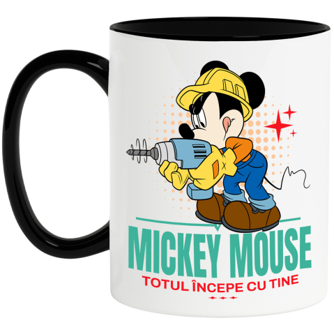 Desene Animate - Cana Cu Mickey si aventura cu bormasina Ceramica, 330ML, cu Maner Negru
