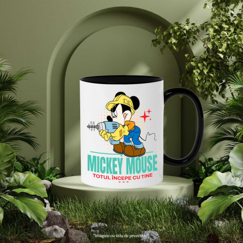 Cana Cu Mickey si aventura cu bormasina Ceramica, 330ML, cu Maner Negru [2]