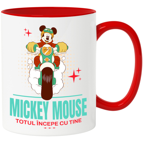 Desene Animate - Cana Cu Mickey si calatoria pe motor Ceramica, 330ML, cu Maner Rosu