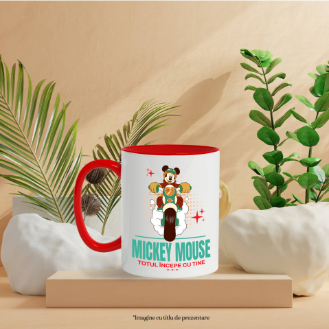Cana Cu Mickey si calatoria pe motor Ceramica, 330ML, cu Maner Rosu [2]