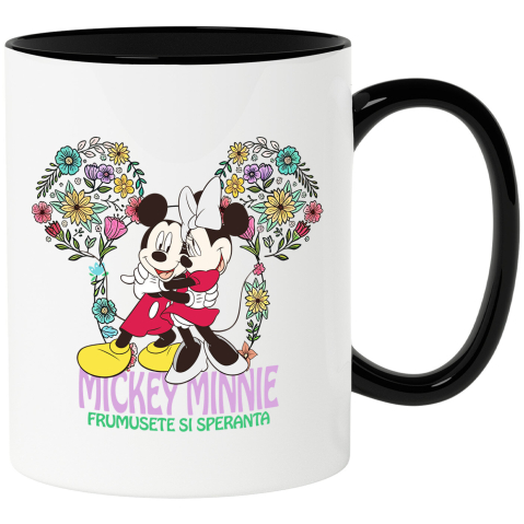 Cadouri Pentru Cupluri - Cana Cu Mickey si Minnie – Poveste de Iubire Ceramica, 330ML, cu Maner Negru
