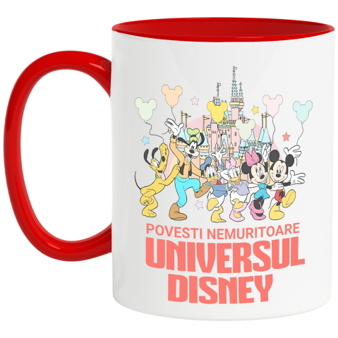 Desene Animate - Cana Cu Mickey si Prietenii Ceramica, 330ML, cu Maner Rosu