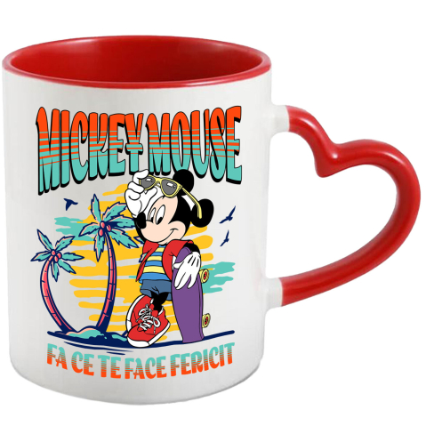 Desene Animate - Cana Cu Mickey si skateboardul Ceramica, 330ML, cu Maner Inima Rosie
