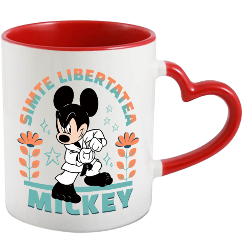 Desene Animate - Cana Cu Mickey si tehnicile karate Ceramica, 330ML, cu Maner Inima Rosie