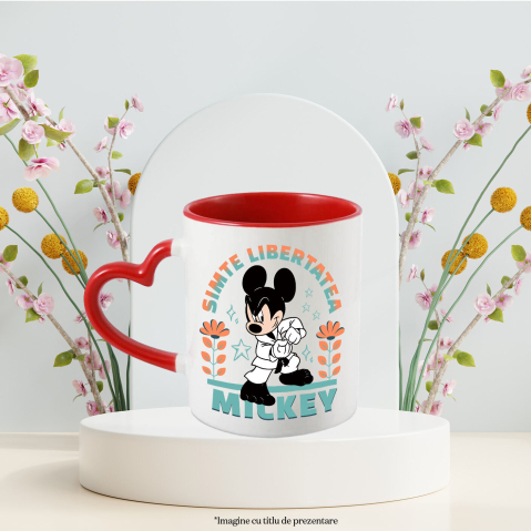 Cana Cu Mickey si tehnicile karate Ceramica, 330ML, cu Maner Inima Rosie [2]