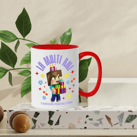 Cana Cu Minecraft Aniversare - Cadou Vesel si Special Ceramica, 330ML, cu Maner Rosu [2]