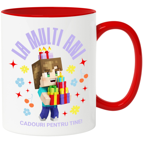 Căni - Cana Cu Minecraft Aniversare - Cadou Vesel si Special Ceramica, 330ML, cu Maner Rosu