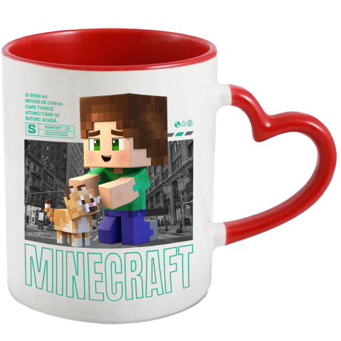 Pisici - Cana Cu Minecraft si Pisicuta – Echipa de Constructie Ceramica, 330ML, cu Maner Inima Rosie