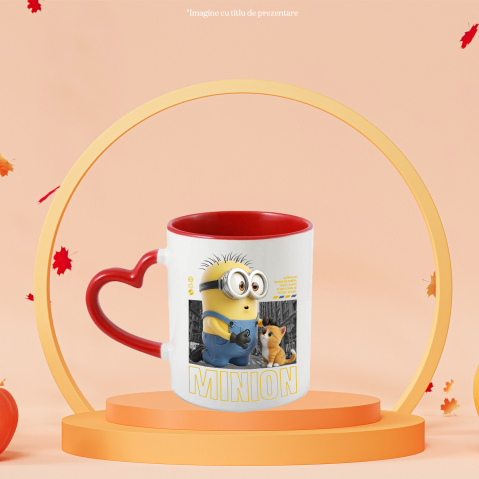 Cana Cu Minions si Pisicuta – Distractie si Actiune Ceramica, 330ML, cu Maner Inima Rosie [1]