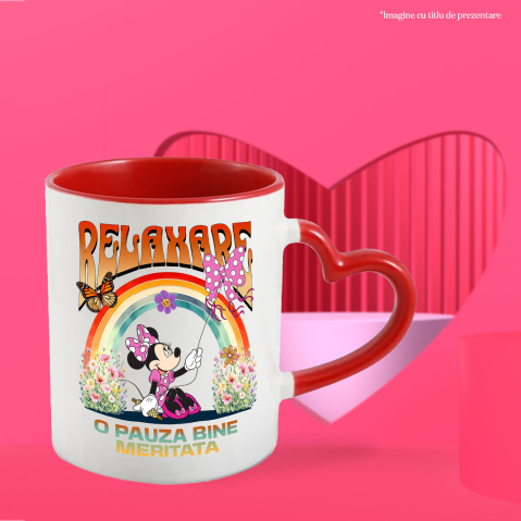 Cana Cu Minnie Bucuroasa Inalta Zmeul in Vant Ceramica, 330ML, cu Maner Inima Rosie [1]