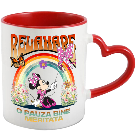 Desene Animate - Cana Cu Minnie Bucuroasa Inalta Zmeul in Vant Ceramica, 330ML, cu Maner Inima Rosie