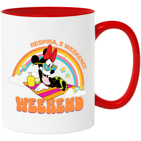 Desene Animate - Cana Cu Minnie cu Curcubeu Colorat Ceramica, 330ML, cu Maner Rosu