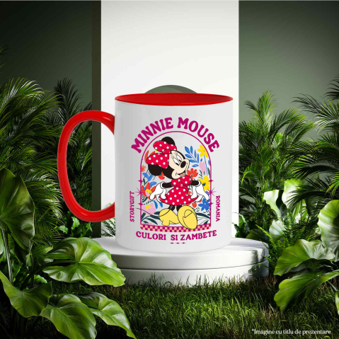Cana Cu Minnie, cu flori strălucitoare în jurul ei Ceramica, 330ML, cu Maner Rosu [2]