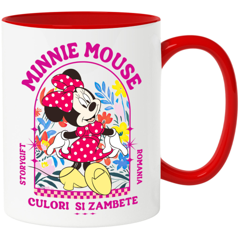 Flori - Cana Cu Minnie, cu flori strălucitoare în jurul ei Ceramica, 330ML, cu Maner Rosu