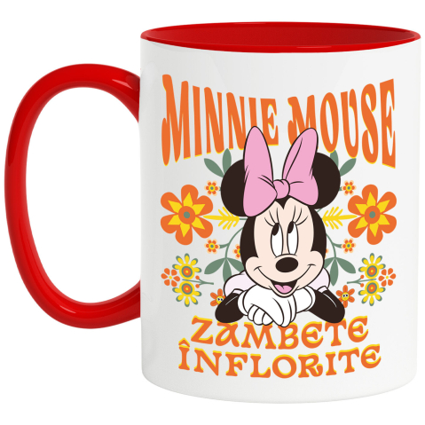 Flori - Cana Cu Minnie, dragoste și veselie Ceramica, 330ML, cu Maner Rosu