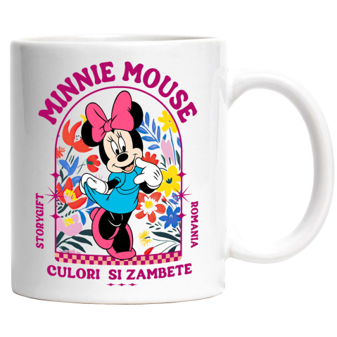 Flori - Cana Cu Minnie în grădina fermecată Ceramica, 330ML, cu Maner Alb