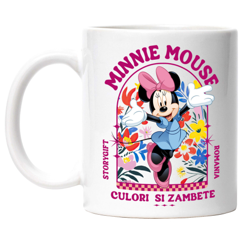Flori - Cana Cu Minnie, în mijlocul unei grădini Ceramica, 330ML, cu Maner Alb