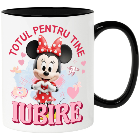 Desene Animate - Cana Cu Minnie Mouse, Iubire, Dragoste, Afectiune, Inima Ceramica, 330ML, cu Maner Negru