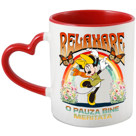 Căni - Cana Cu Minnie Pe Ritmuri Vesele de Dans Ceramica, 330ML, cu Maner Inima Rosie