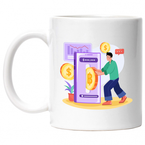 Maner Alb - Cana Cu Moneda, Telefon, Finante, Multicolor 330 ml, Ceramica cu Maner Alb