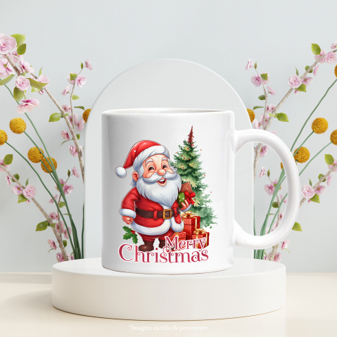 Cana cu Mos Craciun aducand cadouri cu mesajul "Merry Christmas", Craciun fericit, ilustratie, iarna, brad, daruri cu Maner Alb [2]