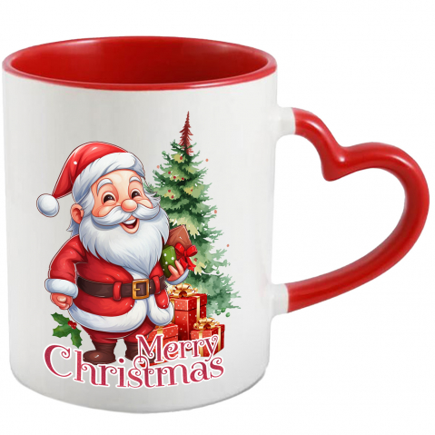 Maner Inima Rosie - Cana cu Mos Craciun aducand cadouri cu mesajul "Merry Christmas", Craciun fericit, ilustratie, iarna, brad, daruri cu Maner Inima Rosie