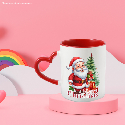 Cana cu Mos Craciun aducand cadouri cu mesajul "Merry Christmas", Craciun fericit, ilustratie, iarna, brad, daruri cu Maner Inima Rosie [1]