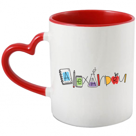 Maner Inima Rosie - Cana Cu Numele Alexandru, si Mesaj Amuzant, Curios, Sociabil, Galagio, 330ml, Ceramica cu Maner Inima Rosie