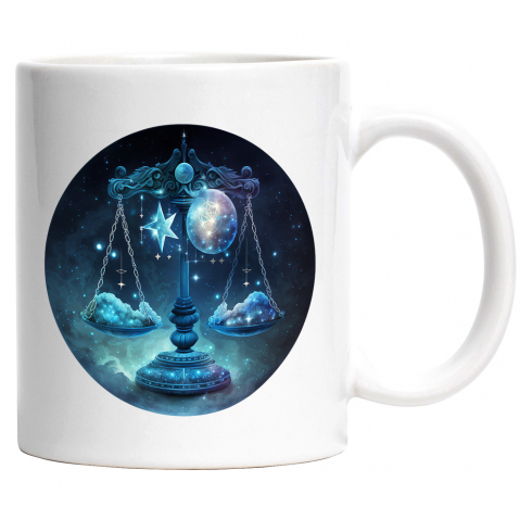 Maner Alb - Cana cu o balanta | ilustratie | zodie | nori | cerc | astral | cer | pace | armonie | 330ml | Ceramic cu Maner Alb