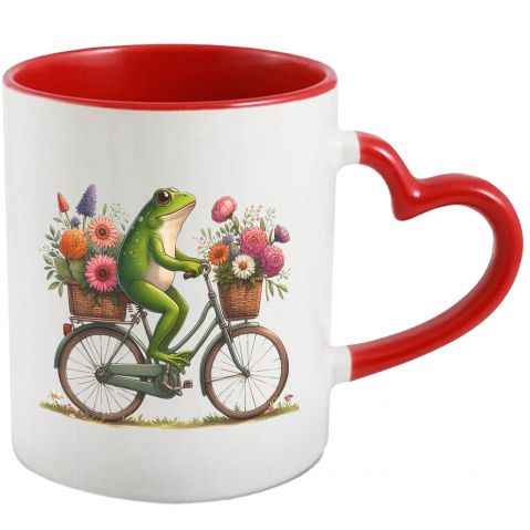 Maner Inima Rosie - Cana cu o broasca | ilustratie | merge cu bicicleta | plimbare | cosulete cu flori | natura | cadouri pentru iubita | 330ml | Ceramica cu Maner Inima Rosie
