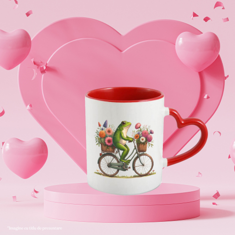Cana cu o broasca | ilustratie | merge cu bicicleta | plimbare | cosulete cu flori | natura | cadouri pentru iubita | 330ml | Ceramica cu Maner Inima Rosie [2]