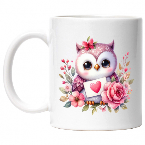 Maner Alb - Cana cu o bufnita dragalasa, ilustratie, inima, floricele, imbujorata, emotie, iubire cu Maner Alb