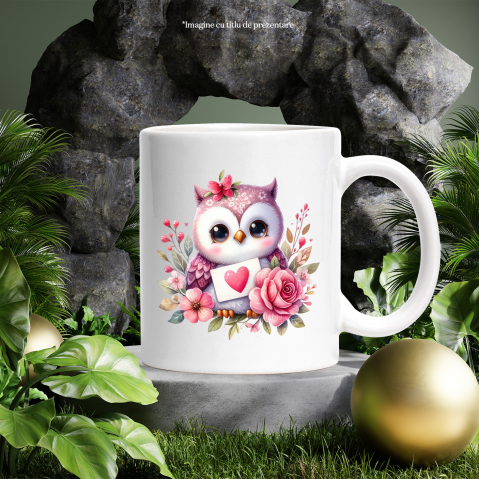 Cana cu o bufnita dragalasa, ilustratie, inima, floricele, imbujorata, emotie, iubire cu Maner Alb [2]