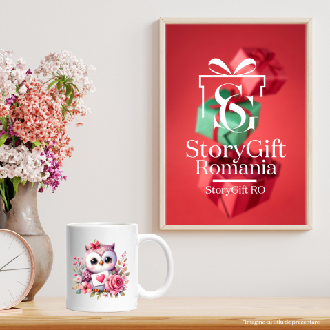 Cana cu o bufnita dragalasa, ilustratie, inima, floricele, imbujorata, emotie, iubire cu Maner Alb [3]