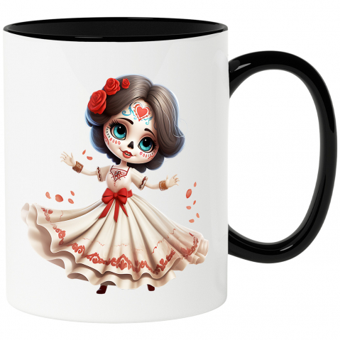 Maner Negru - Cana cu o fata draguta care are un machiaj horror | ilustratie | craniu | rochie alba | Dia de Muertos | Mexic | fericire | sarbatoare | 330ml | Ceramica cu Maner Negru