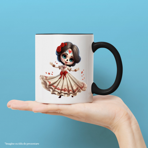 Cana cu o fata draguta care are un machiaj horror | ilustratie | craniu | rochie alba | Dia de Muertos | Mexic | fericire | sarbatoare | 330ml | Ceramica cu Maner Negru [1]