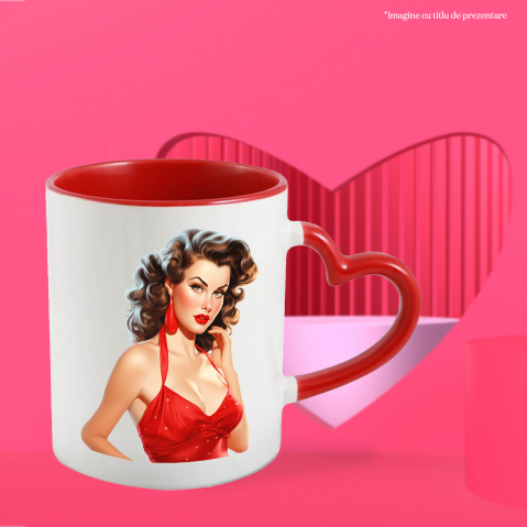 Cana cu o femeie frumoasa cu par saten, ilustratie, stil retro, vechi, de moda veche, rochie rosie, eleganta cu Maner Inima Rosie [2]