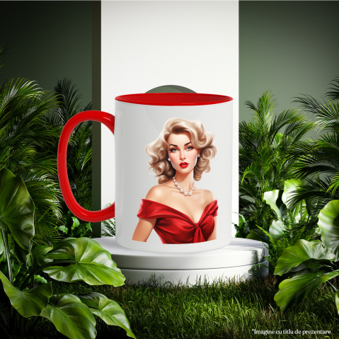 Cana cu o femeie in rochie rosie, eleganta, ilustratie, stil retro, vechi, de moda veche, frumoasa, blonda, colier la gat cu Maner Rosu [2]