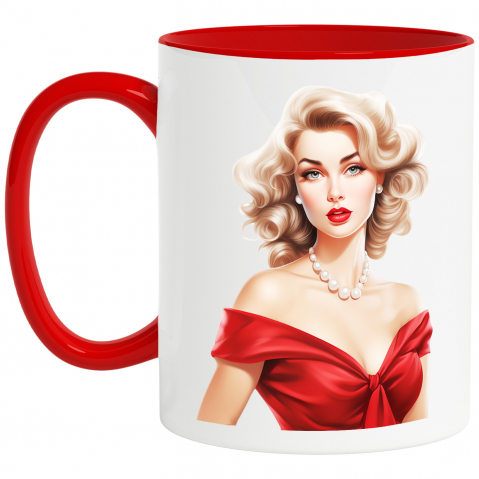 Maner Rosu - Cana cu o femeie in rochie rosie, eleganta, ilustratie, stil retro, vechi, de moda veche, frumoasa, blonda, colier la gat cu Maner Rosu