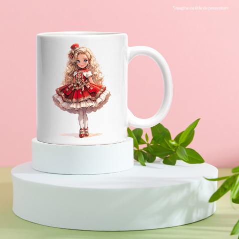 Cana cu o fetita dragalasa | rochie rosie | ilustratie | par blond | vesela | zambeste | ochi albastri | ca o printesa | 330ml | Ceramic cu Maner Alb [2]