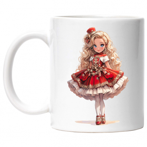 Maner Alb - Cana cu o fetita dragalasa | rochie rosie | ilustratie | par blond | vesela | zambeste | ochi albastri | ca o printesa | 330ml | Ceramic cu Maner Alb