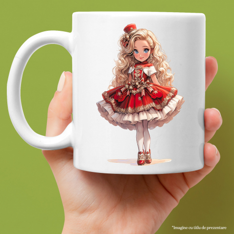 Cana cu o fetita dragalasa | rochie rosie | ilustratie | par blond | vesela | zambeste | ochi albastri | ca o printesa | 330ml | Ceramic cu Maner Alb [1]