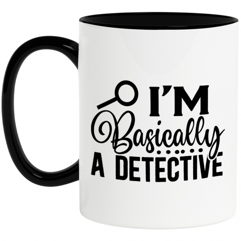 Maner Negru - Cana cu o lupa si mesajul "I'm basically a detective" - practic sunt detectiv cu Maner Negru