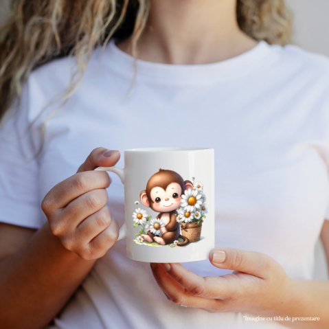 Cana cu o maimutica vesela care tine o floare | floricele albe | cosulet | imbujorata | animalut salbatic | 330ml | Ceramic cu Maner Alb [1]