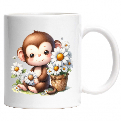 Maner Alb - Cana cu o maimutica vesela care tine o floare | floricele albe | cosulet | imbujorata | animalut salbatic | 330ml | Ceramic cu Maner Alb